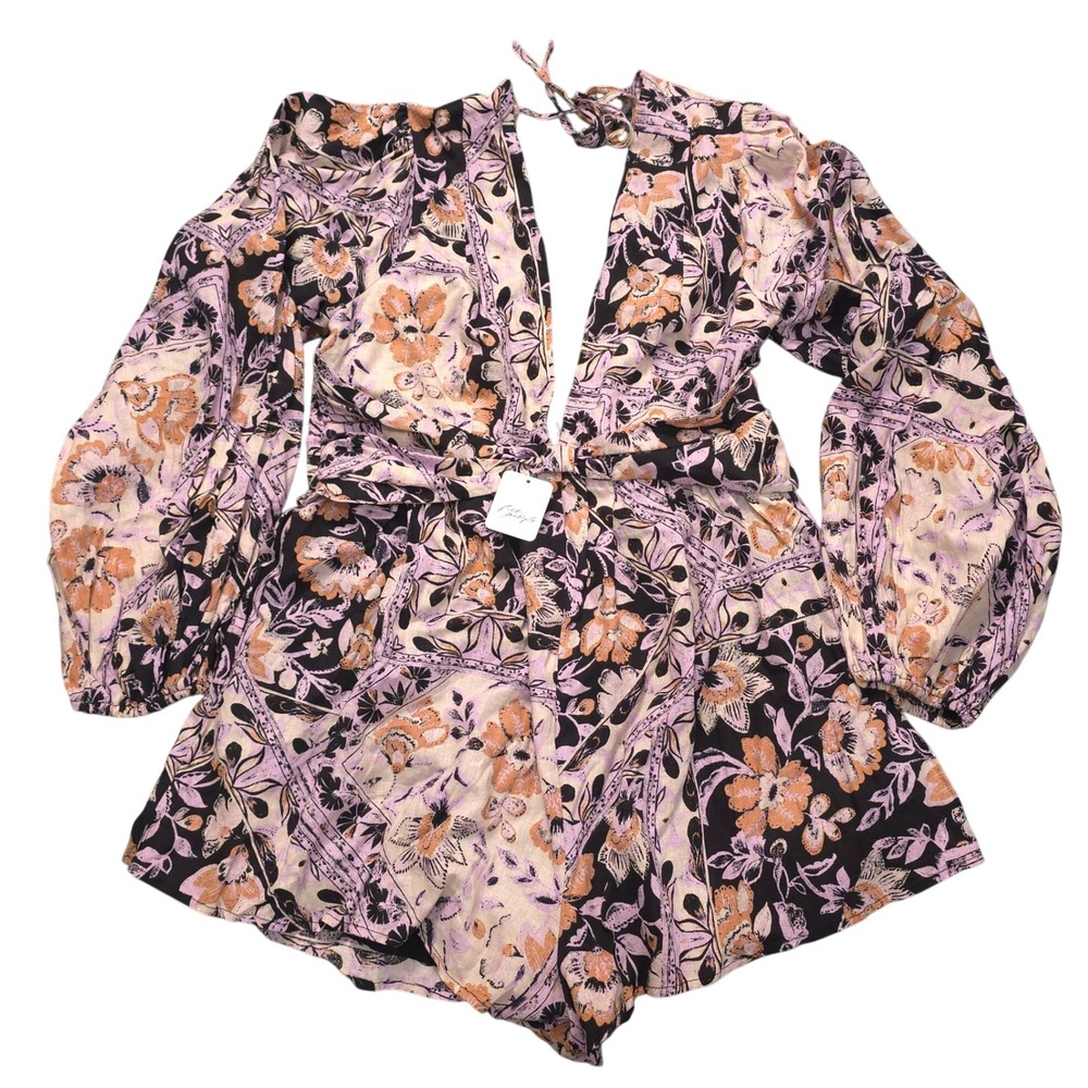 Free People M Floral Linen Blend Plunging Neckline Open Back Romper Black Motif - Picture 1 of 7
